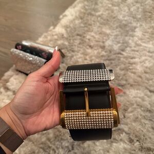 Versace Rhinestone Accent Black Leather Belt with Gold Buckle